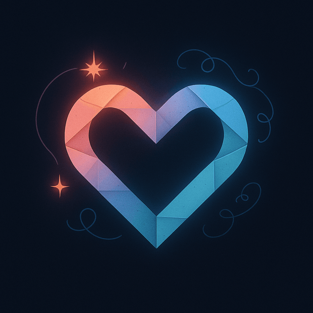 A faceted heart blending warm pink and blue, the LoveLink symbol